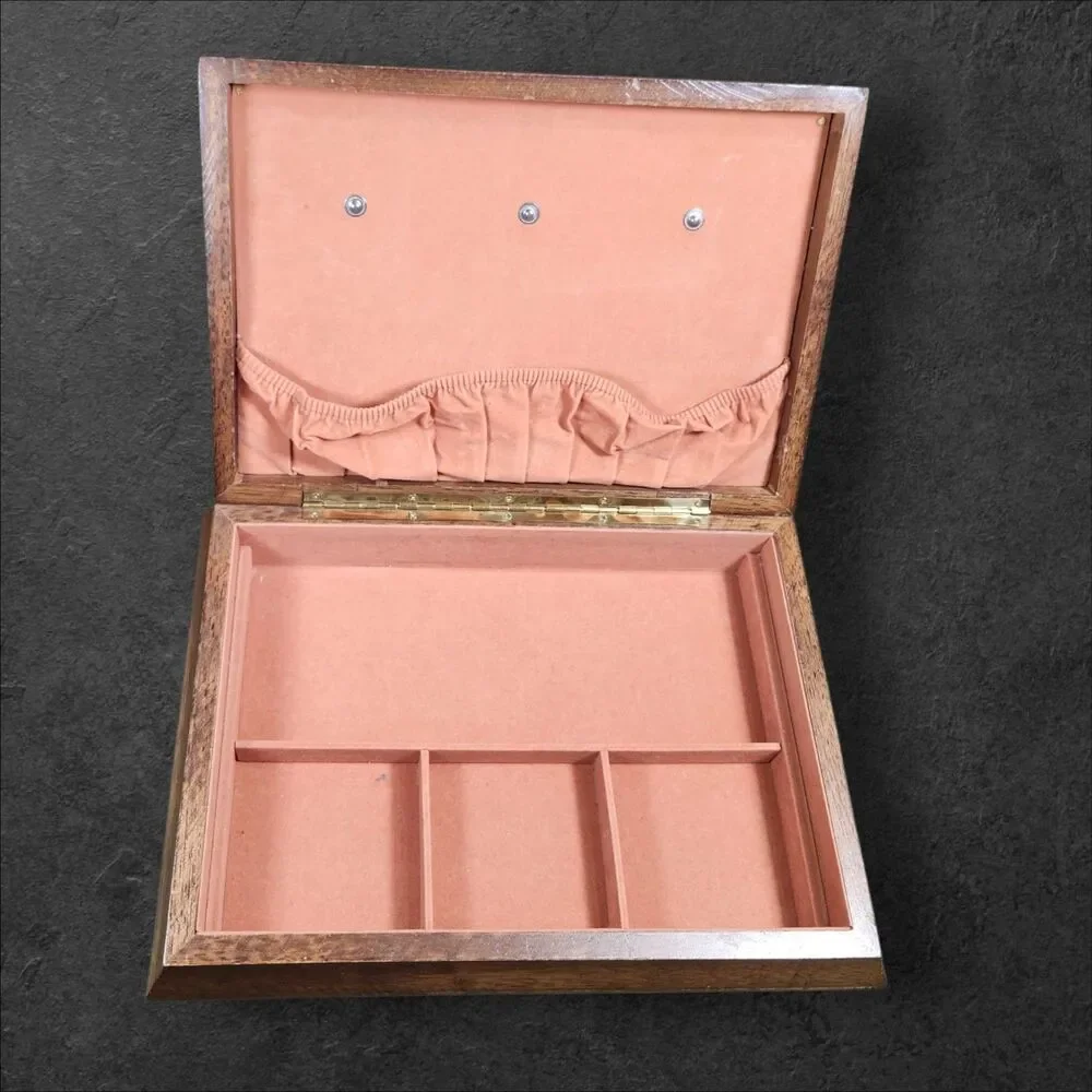 Vintage 1970s Wood Jewelry Box Orange Velvet Parquet Lid Jay Import Co 13